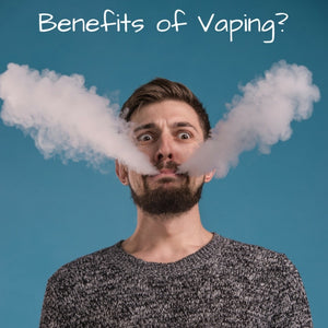 Man with vapor coming from mouth - title says Benefits of Vaping?