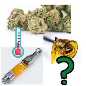 Image of dried marijuana, oil vape cartridge, dabbing wax with illustration of a thermometer and question mark
